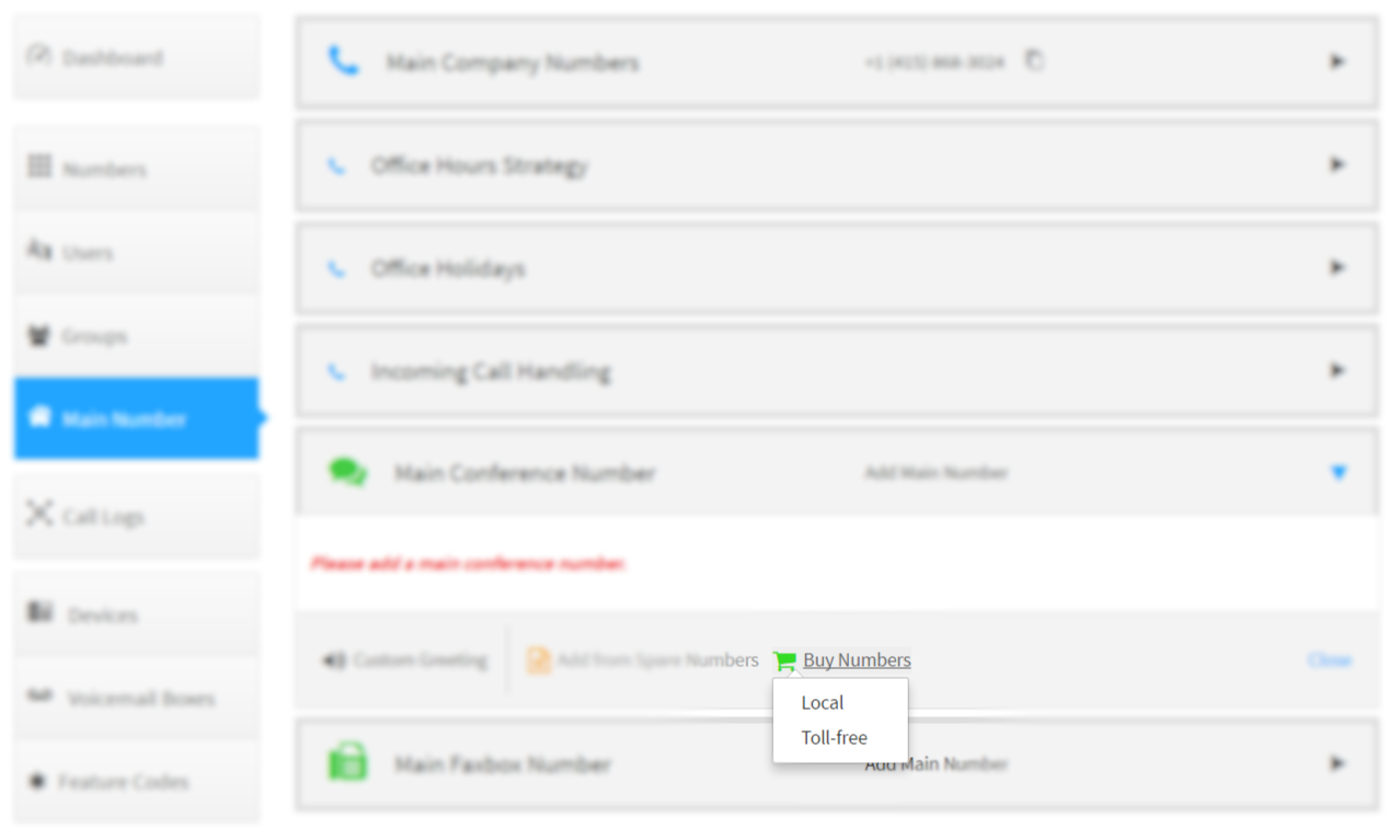 SmartPBX conference phone number type selection