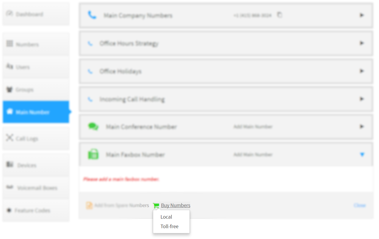 SmartPBX faxbox phone number type selection