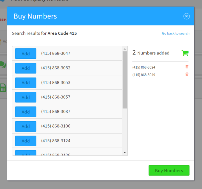 Local numbers purchase