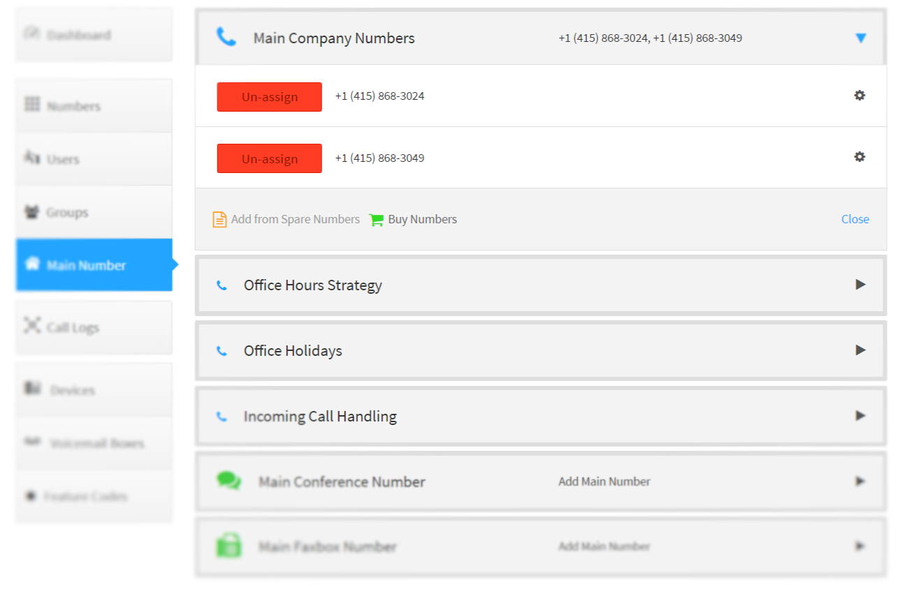 SmartPBX main company numbers with local