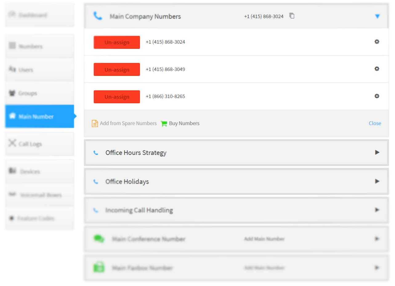 SmartPBX main company numbers with toll-free