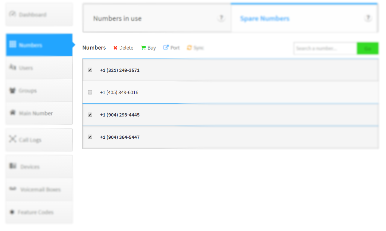 SmartPBX number list with delete highlight