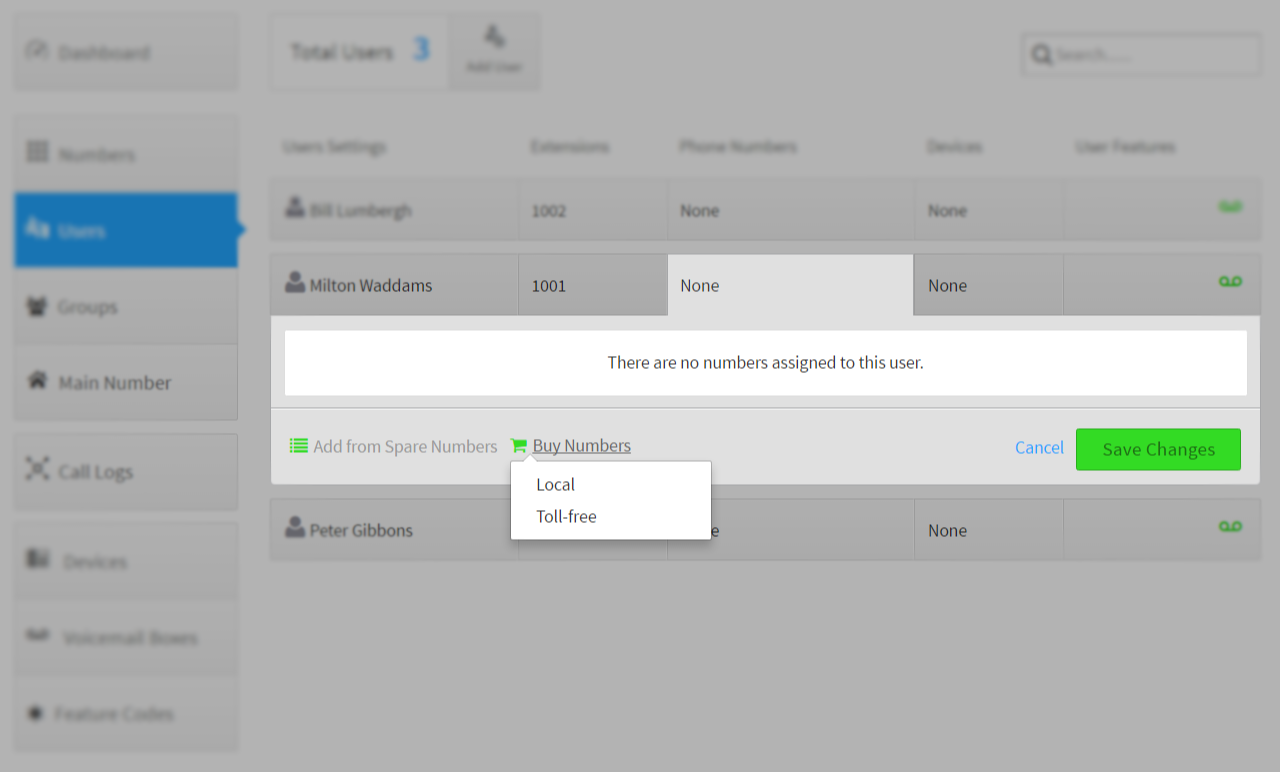 SmartPBX user phone number type selection